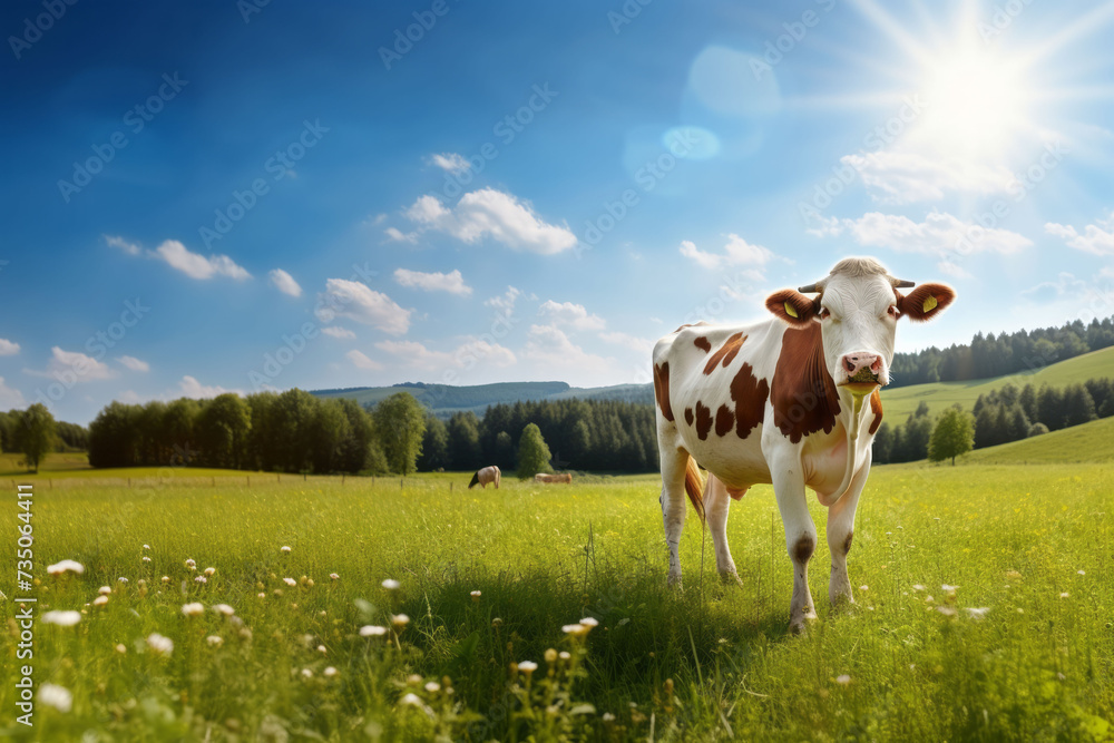 Cow in a meadow. Livestock animal, organic milk and green grass. Space for text. Cow in a meadow. Livestock animal, organic milk and green grass. Space for text.