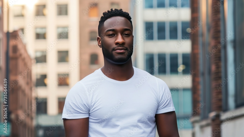 attractive black man with blank tshirt for mockup with city background - obrazy, fototapety, plakaty 