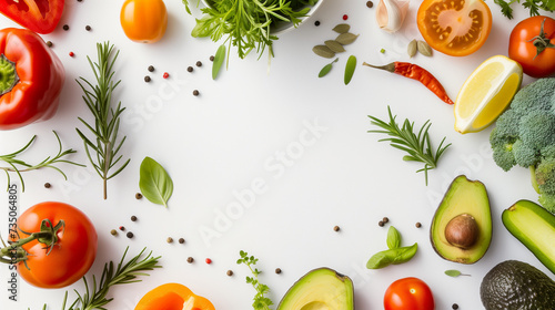 Fresh Vegetables and Herbs Circular Frame on White Background - Healthy Eating, Vegan Food, and Cooking Ingredients Concept