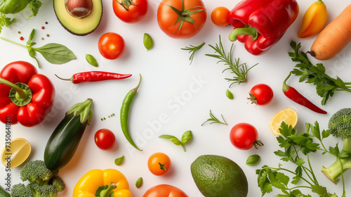 Fresh Vegetables and Herbs Circular Frame on White Background - Healthy Eating, Vegan Food, and Cooking Ingredients Concept