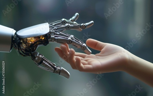 Human hand and robotic hand touching, technology uniting the future © Riccardo