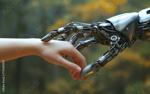 Human hand and robotic hand touching, technology uniting the future