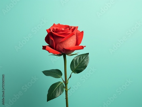 Red rose with leaf on light blue background