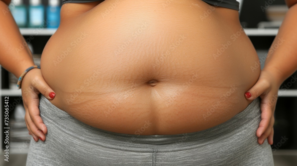 Close up view of overweight woman s fat body with belly fat pad, obesity concept - obrazy, fototapety, plakaty 