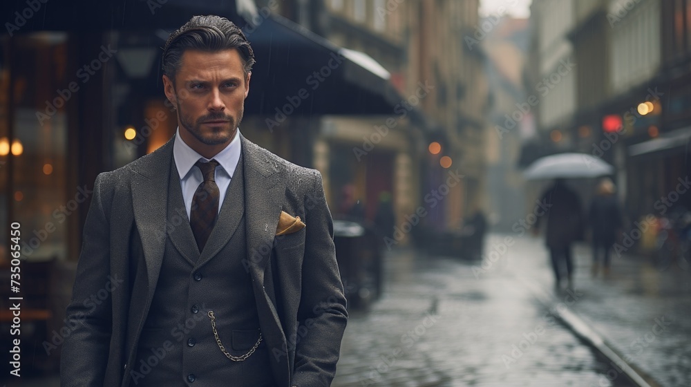 a man in a suit walks down the street a man in a suit walks down the street