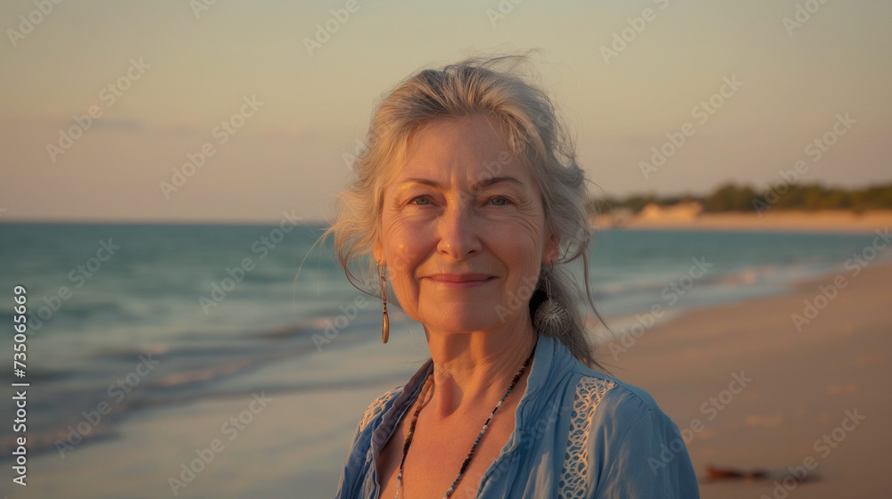 Portrait of a retired woman on a beach walk at sunset, capturing the sense of freedom and relaxation, National Grandparents Day, International Day of Older Persons Portrait of a retired woman on a beach walk at sunset, capturing the sense of freedom and relaxation, National Grandparents Day, International Day of Older Persons