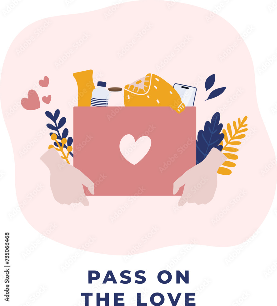 Donation and volunteer work concept minimal illustration in pastel. Hand holding used items in donation care box. For banner, social media, mobile app, web, landing page, poster, campaign, infographic Donation and volunteer work concept minimal illustration in pastel. Hand holding used items in donation care box. For banner, social media, mobile app, web, landing page, poster, campaign, infographic