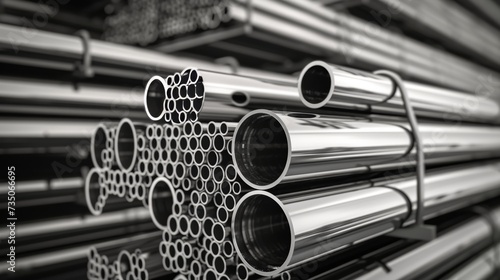 Stainless steel pipes stack in metallurgical industry backdrop, industrial concept image