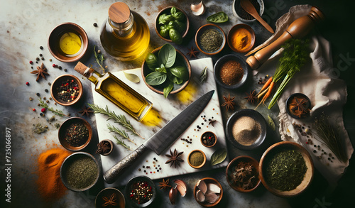 Flat lay view of cooking oils and spices