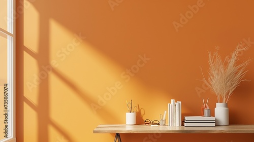 A streamlined workspace with an uncluttered desk, featuring books and minimalist supplies, set against a warm orange wall, perfect for text or product highlighting. photo