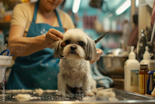 A pet groomer wearing a blue apron gently uses pet scissors. Trim the fur of small dogs. In a fully equipped barber shop photo