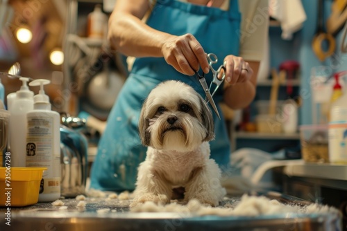 A pet groomer wearing a blue apron gently uses pet scissors. Trim the fur of small dogs. In a fully equipped barber shop photo