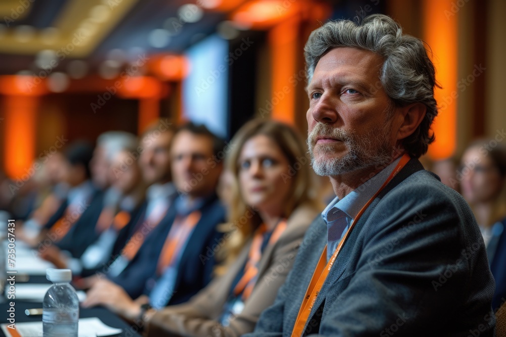 A distinguished male economist with silver hair listens intently at a conference, wearing an orange lanyard and a gray suit, among colleagues.
