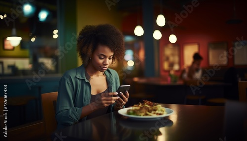 Woman using diet app on smartphone, calculating calories of her dinner, Nutrition, Paleo, Diet application concept