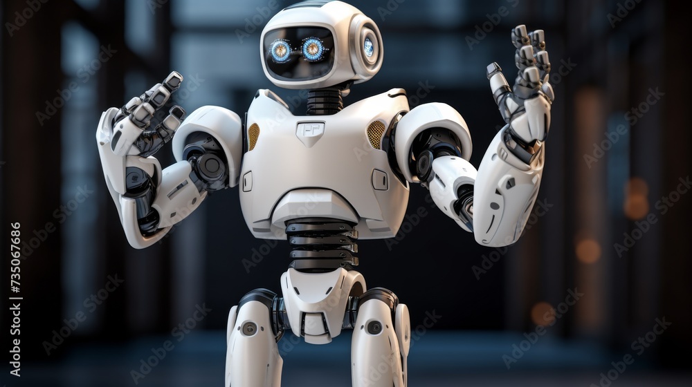 a robot standing upright with his arms raised a robot standing upright with his arms raised