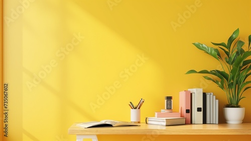 An airy office space with a neat desk  arranged with books and supplies  against a gentle yellow wall  offering a bright and inviting space for text or products.