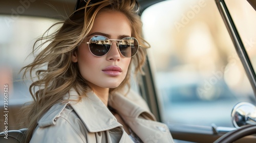 Stylish woman in white trench coat and sunglasses in luxury car, exuding sophistication and glamour
