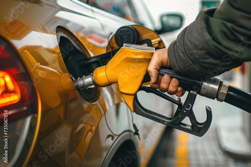 Close-up of a man filling up his car with gas at a gas station.