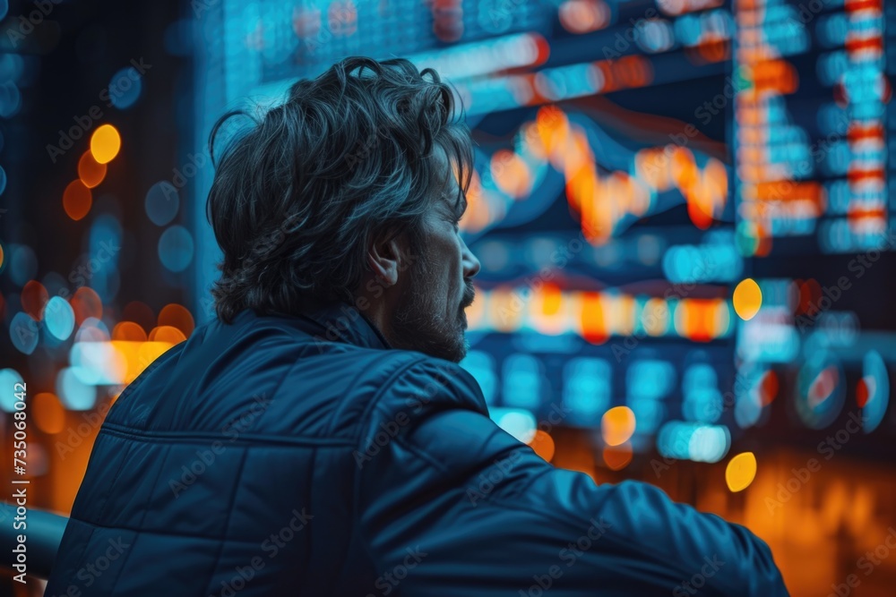 A thoughtful man in a blue jacket observes stock market screens at night, the city lights casting a vibrant glow, epitomizing strategic economic contemplation.