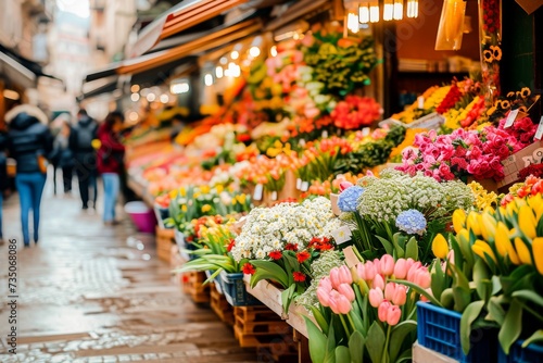 Colorful flower market with fresh tulips and bouquets, bustling with shoppers on a city street. © apratim
