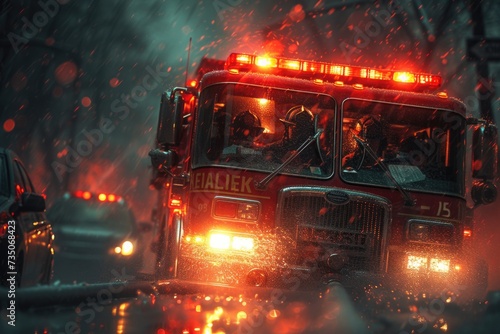 A firetruck bathed in the reflective glow of a wet street, with its lights piercing through the misty evening, stands ready amid an urban downpour.