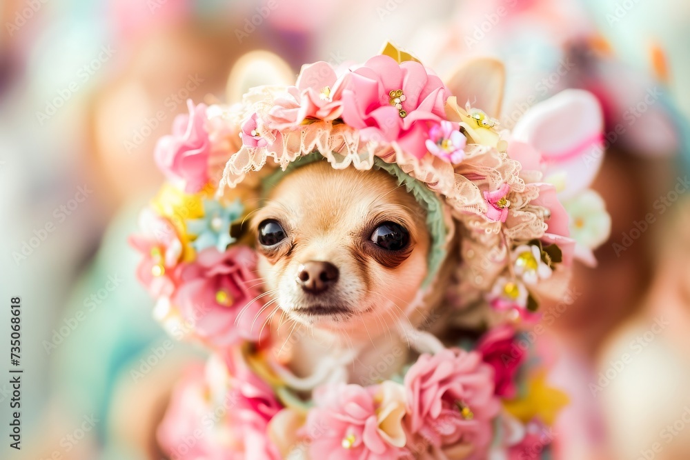 Fototapeta premium Cute chihuahua puppy wearing a colorful floral hat, looking adorable and festive, perfect for pet fashion themes.