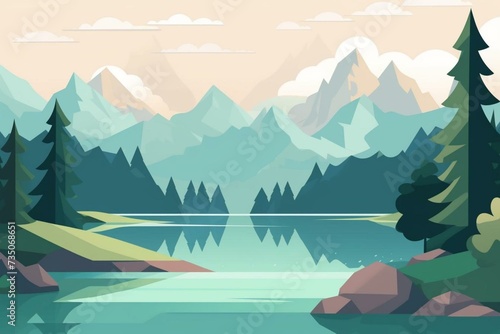 Illustration of mountains next to a river and lake. Generative AI