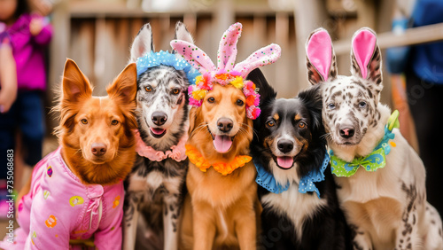 Five cheerful dogs dressed in colorful costumes and party hats, showing off their playful and festive spirit. photo