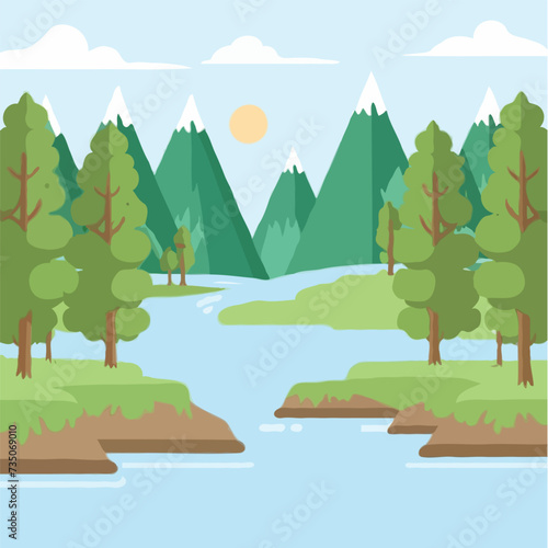 vector nature forest landscape at daytime scene with river 