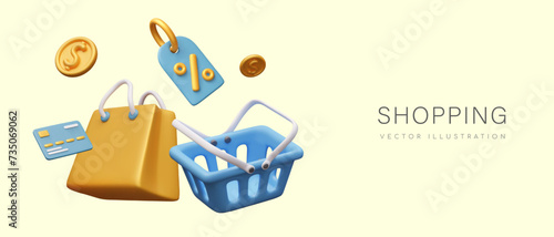 Big sale. Empty shopping basket, bag, credit card, coins, discount tag