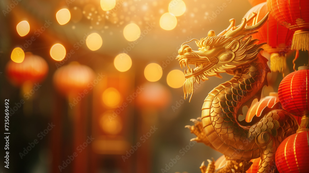 Fototapeta premium Golden Dragon Sculpture Radiating Festive Warmth for Lunar New Year.