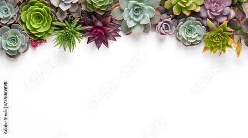 Collection of various succulents mix in pots, floral frame top view with copy space on white background, concept of gardening and interior
