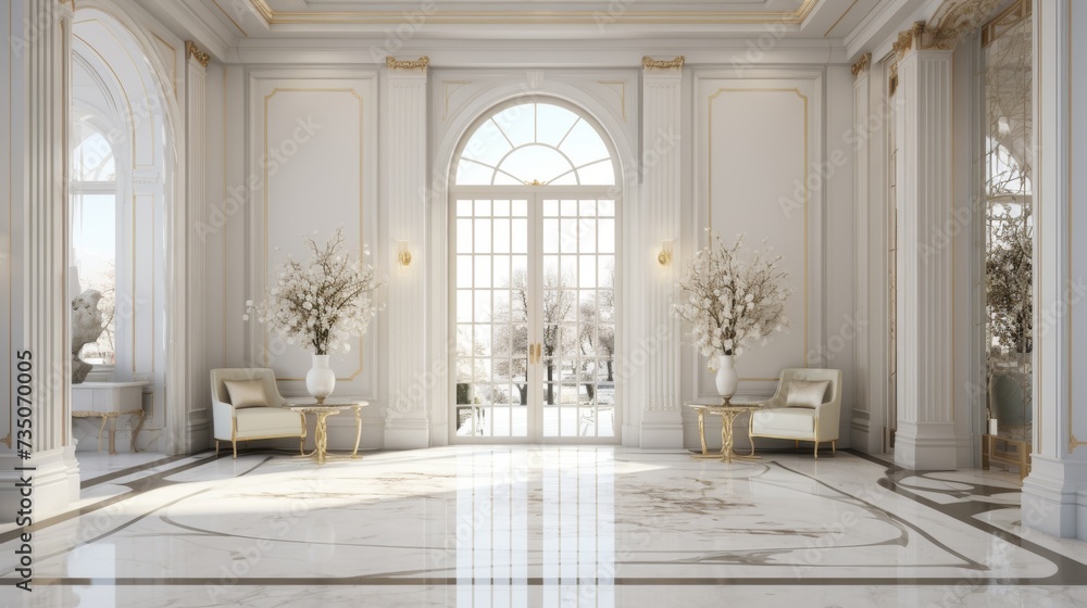 an elegant entrance hall with large windows and a white marble floor
