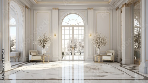 an elegant entrance hall with large windows and a white marble floor © nataliya_ua