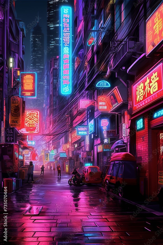 A man strolls through a rainy street in a neonlit city at night. , generated by AI