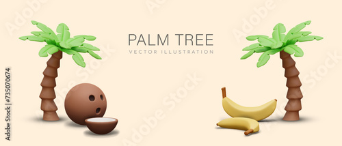 Horizontal vector banner with 3D palm trees, coconut, banana