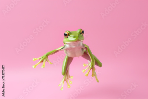 Green Frog in Midair Against a Pastel Pink Background