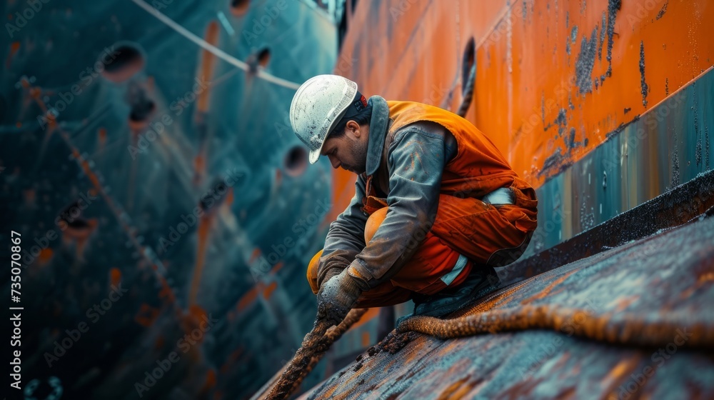 Worker cleans the hull of an old ship from rust. Vessel renovation. Worker cleans the hull of an old ship from rust. Vessel renovation.