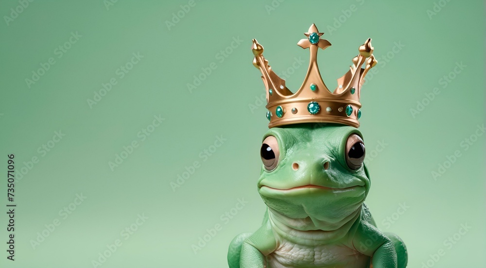 frog on a green pastel background with a crown on its head, with space to copy frog on a green pastel background with a crown on its head, with space to copy
