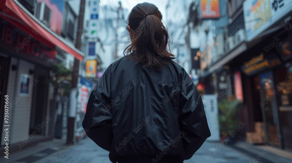 Fototapeta premium A sporty bomber jacket with the wearers favorite quote or motto 3D printed onto the back. This street style look is perfect for exploring an edgy urban neighborhood.