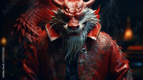 A Man in a Red Jacket With a Dragon Mask On