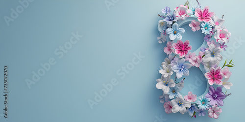 A Womens Day banner for March 8 featuring a 3D figure adorned with flowers against a blue background