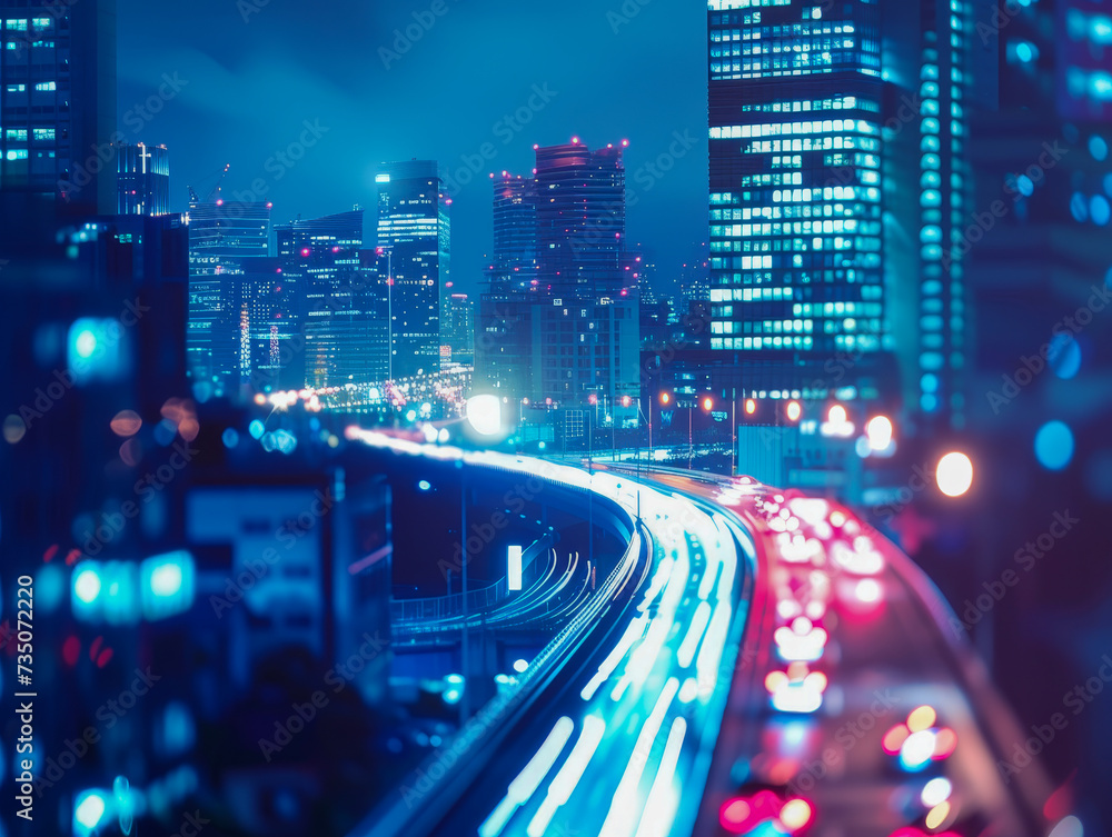 Blurred city lights and highway in vibrant urban nightscape.
