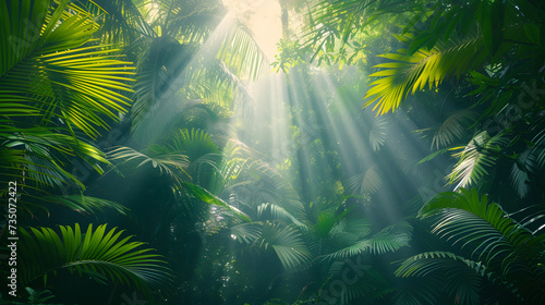 A captivating image of sunlight filtering through the leaves of a lush rainforest canopy, creating a tranquil and green sanctuary.