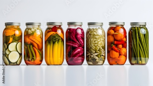 Pickled vegetables in glass jars on white background