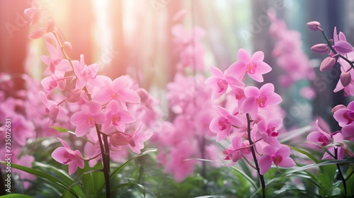 pink wild orchid in green bamboo forest, nature background banner wallpaper