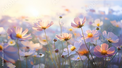 Beautiful Field of Colorful Cosmos Flowers in Sunlight: Macro Shot