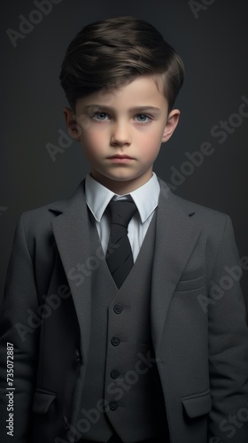 Little boy in a suit on gray background