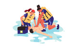 Beach rescuers save life, protect people. Lifeguards rescue drowning person from water. Emergency first aid, cpr, heart massage on seashore. Flat isolated vector illustration on white background