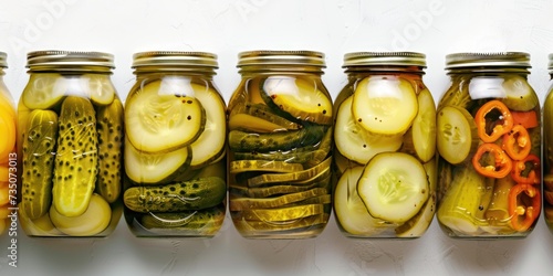 Homemade canned vegetables in glass jars. Pickled cucumbers, tomatoes and peppers.